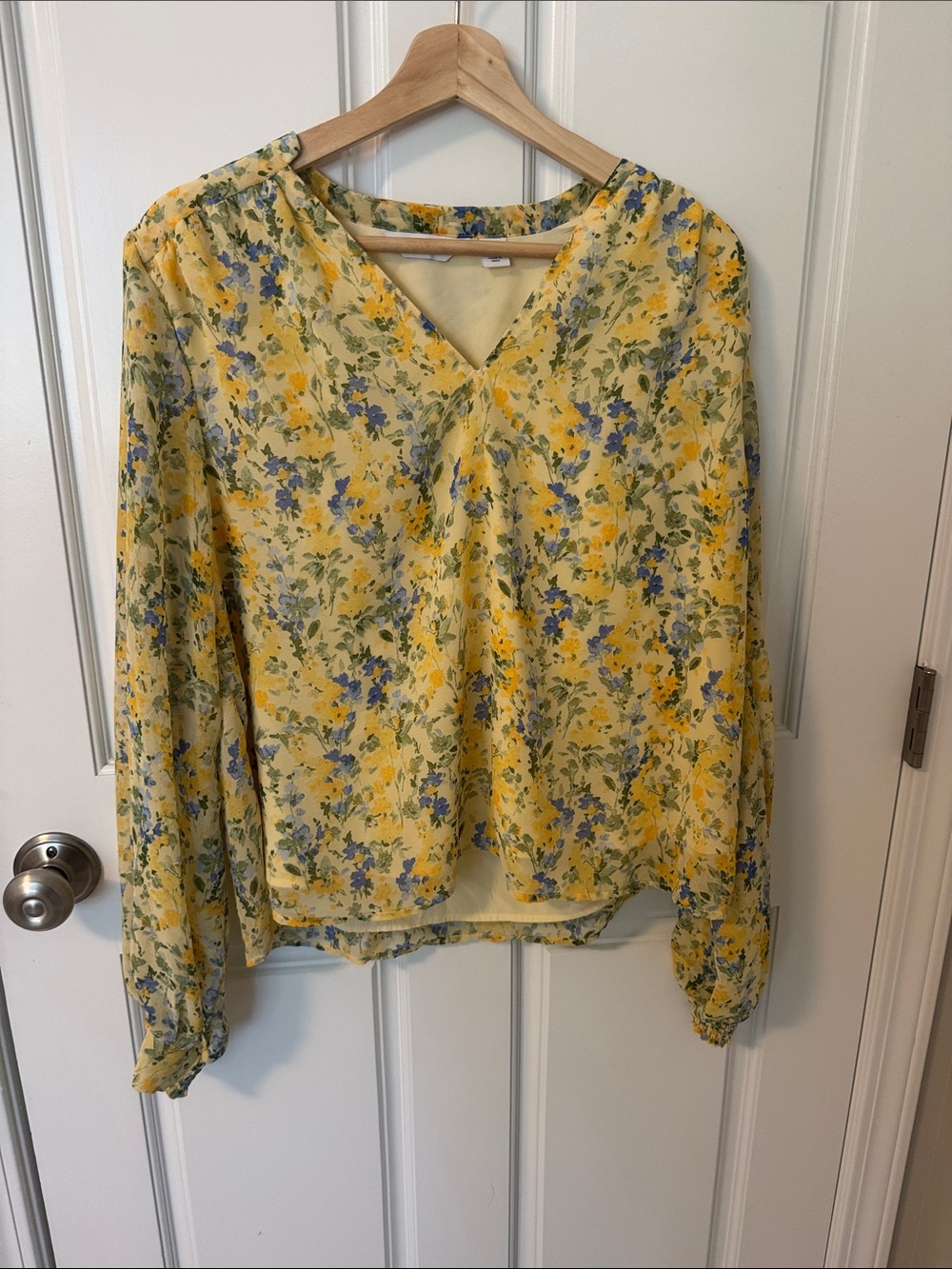 Lands' End Yellow Floral V-Neck Long-Sleeve Blouse